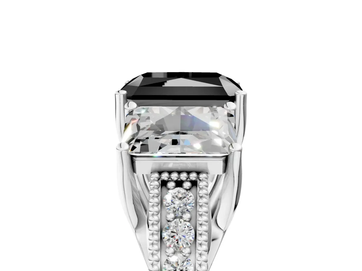 Fancy Black Three-Stone Radiant Cut Cut Milgrain Pavé Engagement Ring Platinum