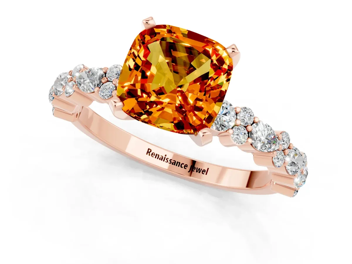 Cushion Cut Citrine Side Stone Solitaire Ring with Round and Four-Prong Setting Rose gold