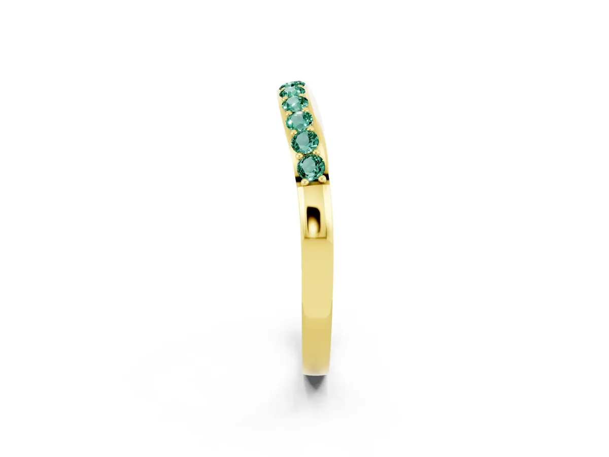 Round Green Sapphire Curved Wedding Band with Channel Setting Yellow gold