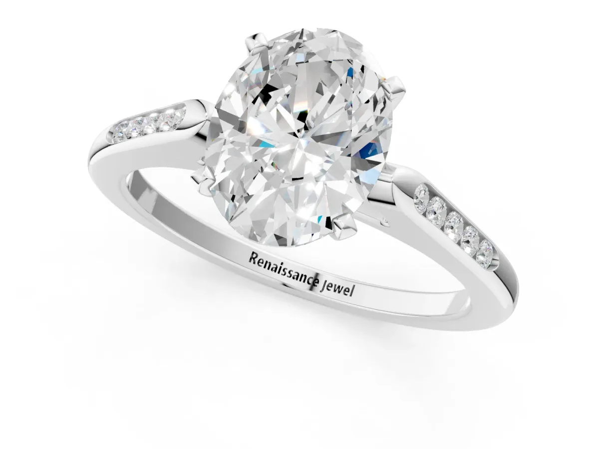Oval Cut Diamond Solitaire Ring with Channel Set Round Band and Prong Setting Silver