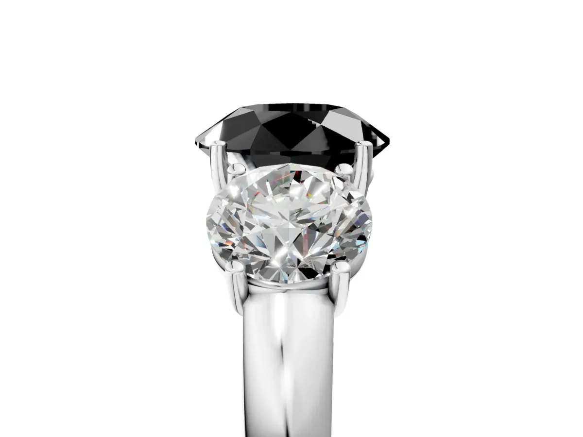 Fancy Black Round Cut Diamond Three-Stone Ring with Four-Prong Setting and Classic Band Platinum