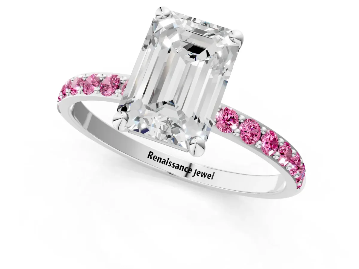 Emerald Cut Diamond Solitaire Ring with Round Pink Sapphire Pavé Band and Prong Setting Silver