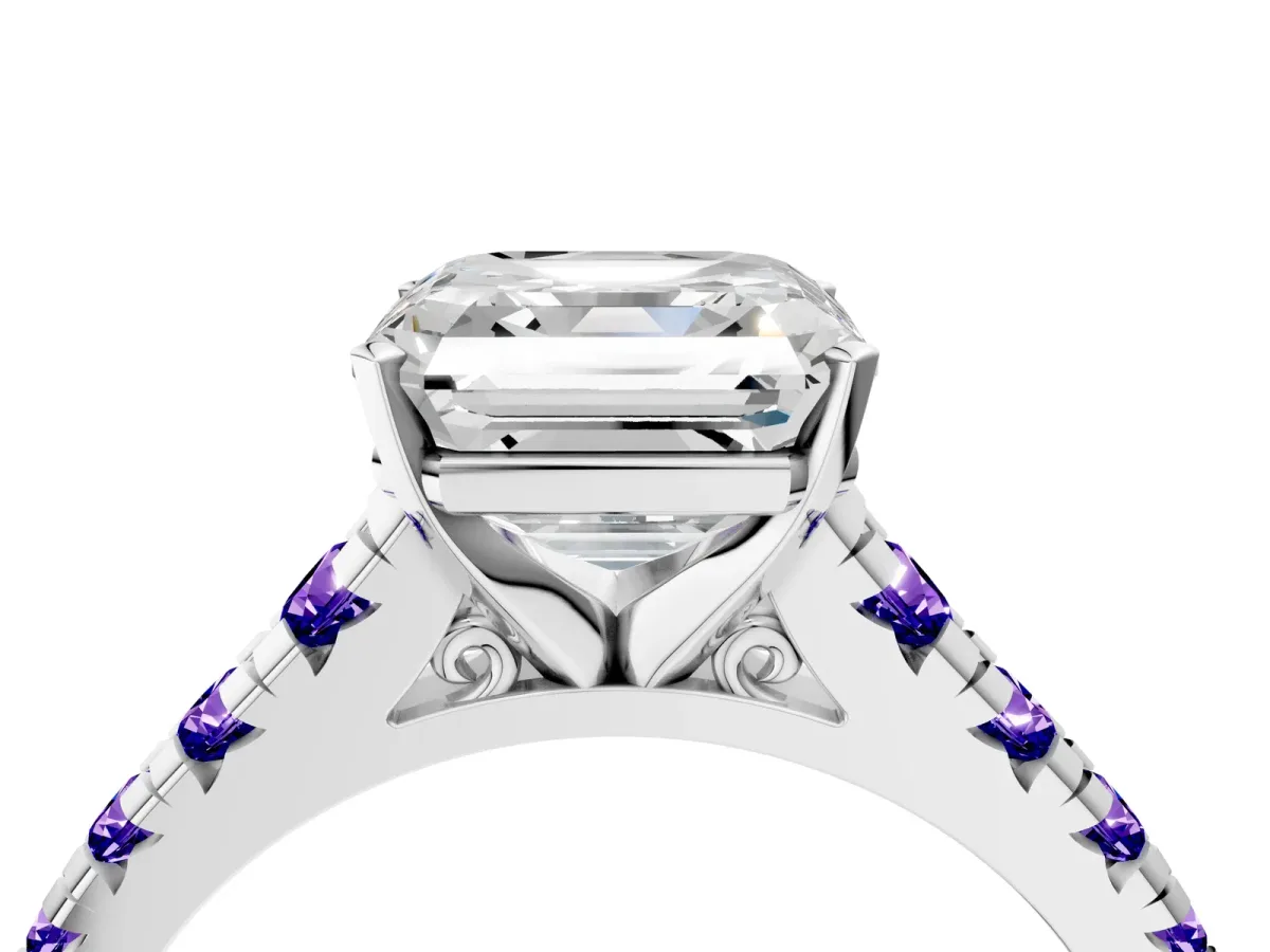 Asscher Cut Diamond Cathedral Solitaire Ring with Round Tanzanite Pavé Band Silver
