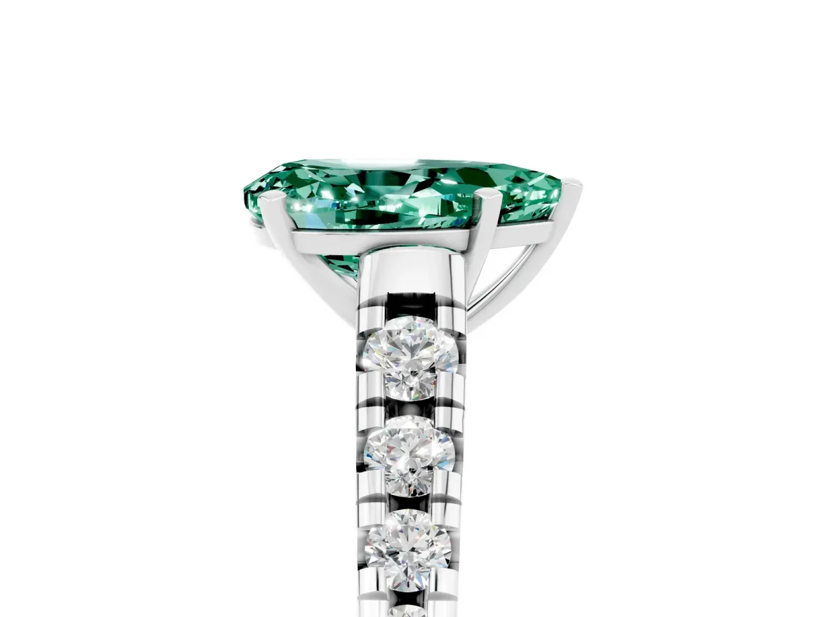 Pear Cut Green Sapphire Cathedral Solitaire Ring with Round Pavé Band Silver