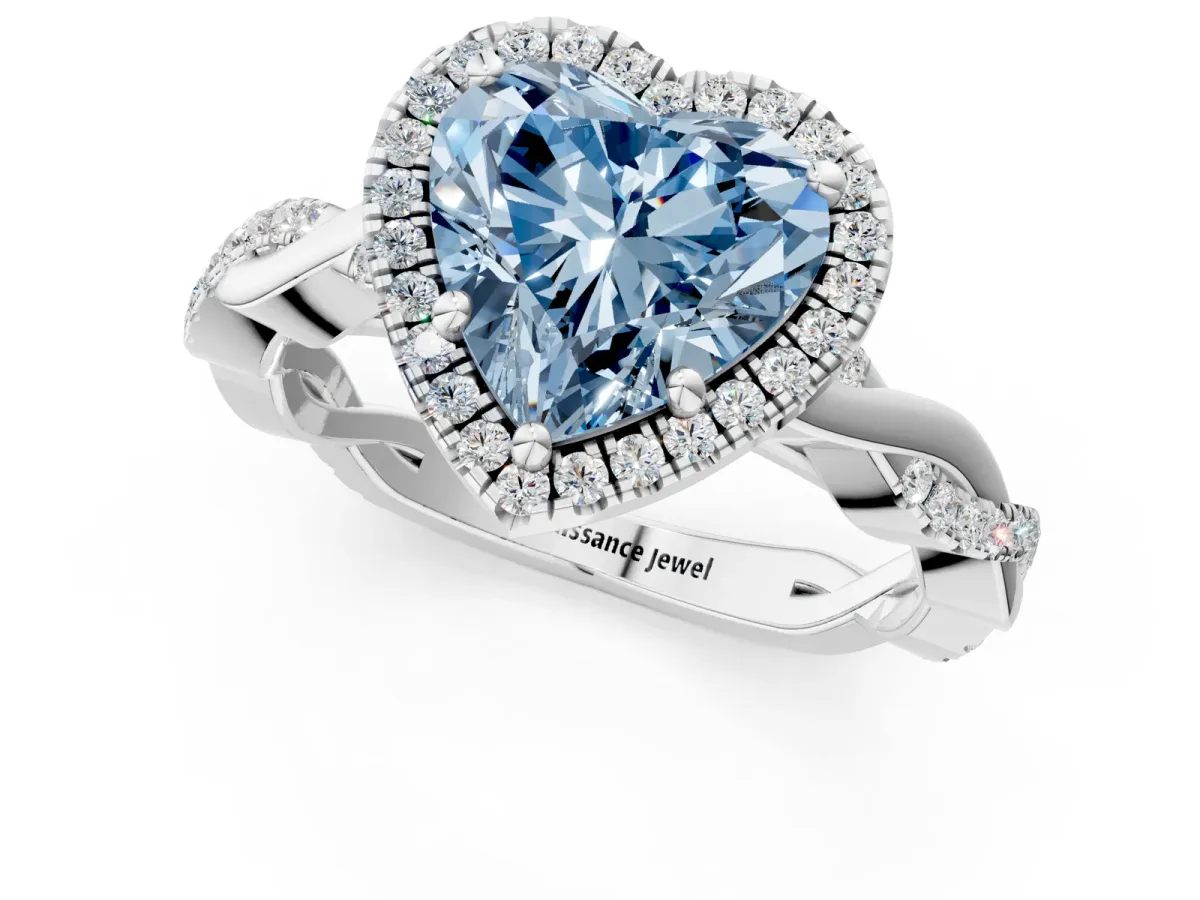 Fancy Blue Heart Cut Cut Halo Twisted Band Four-Prong Ring Platinum