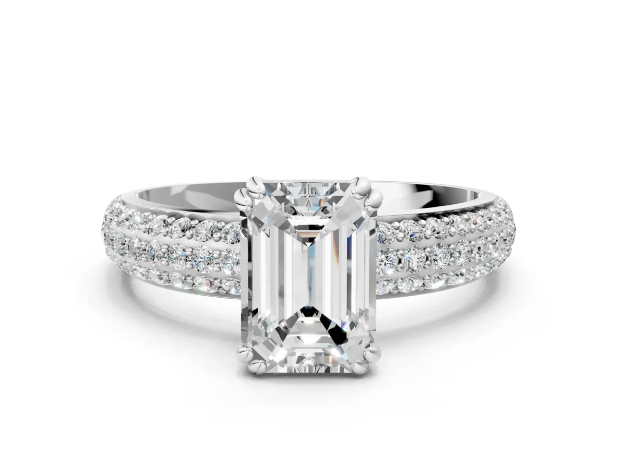 Emerald Cut Diamond Solitaire Ring with Multi-Row Round Pavé Band and Prong Setting White gold