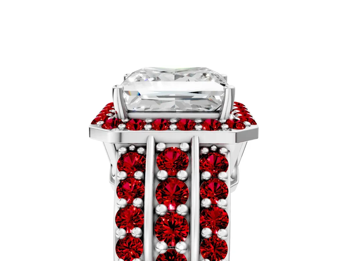 Princess Cut Halo Diamond Ring with Round Ruby Split Shank and Prong Setting Platinum