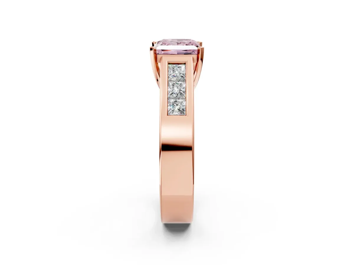 Fancy Pink Princess Cut Cut Channel Set Solitaire Ring with Four-Prong Setting Rose gold