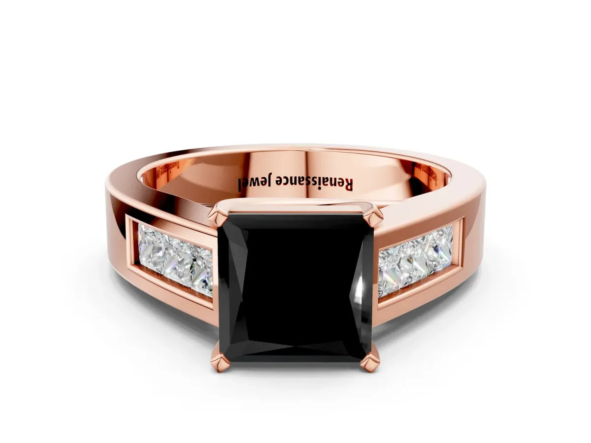 Fancy Black Princess Cut Cut Channel Set Solitaire Ring with Four-Prong Setting Rose gold