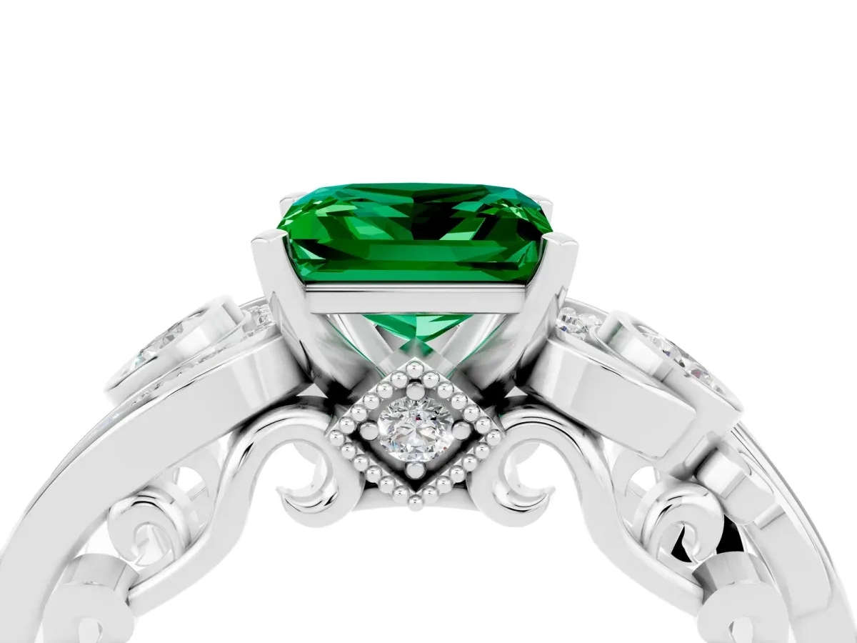 Princess Cut Emerald Solitaire Ring with Milgrain Pavé Band and Four-Prong Setting Silver