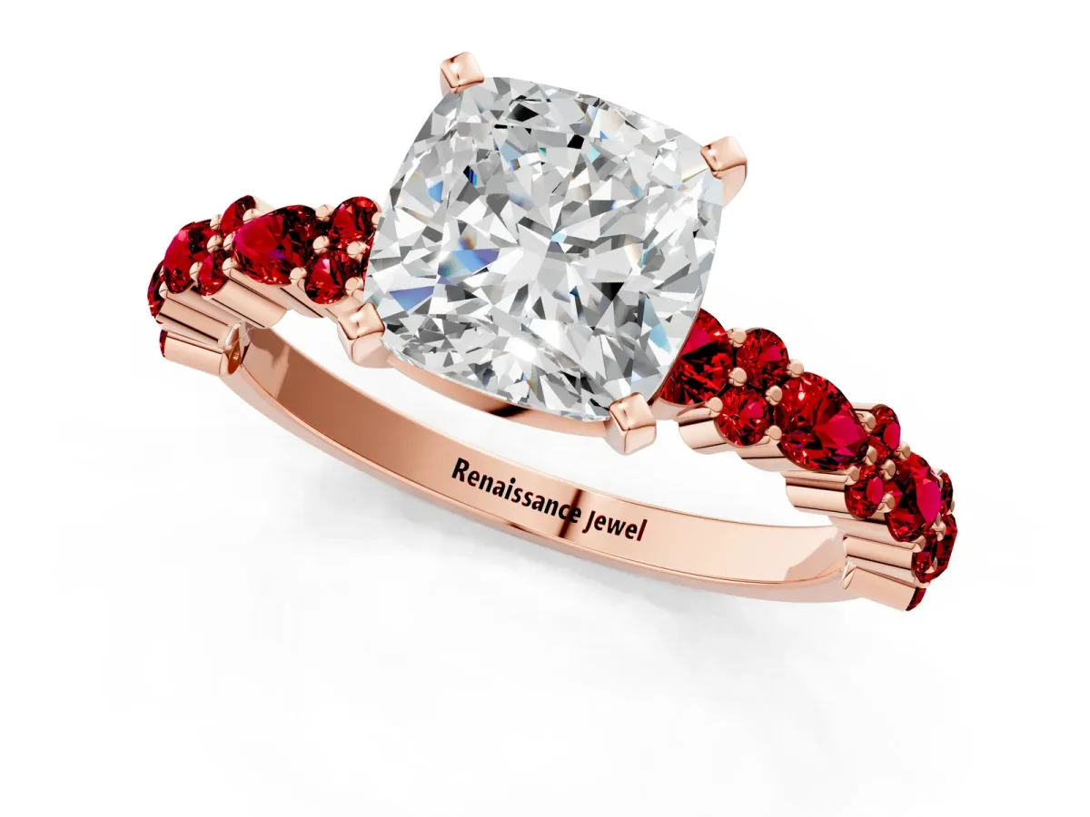 Cushion Cut Diamond Side Stone Solitaire Ring with Round Ruby and Four-Prong Setting Rose gold