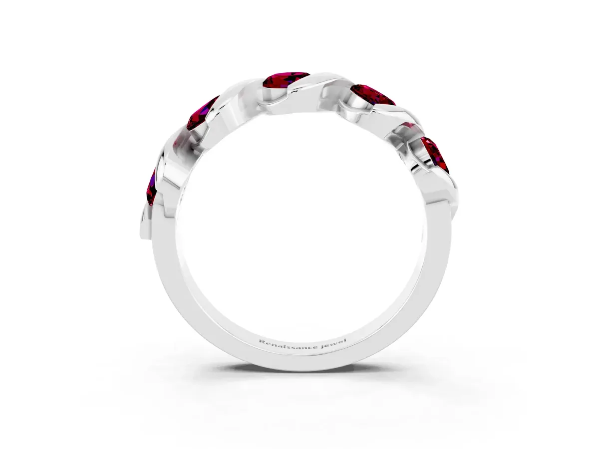 Round Garnet Wave Band with Channel Setting and Shared Prongs Silver