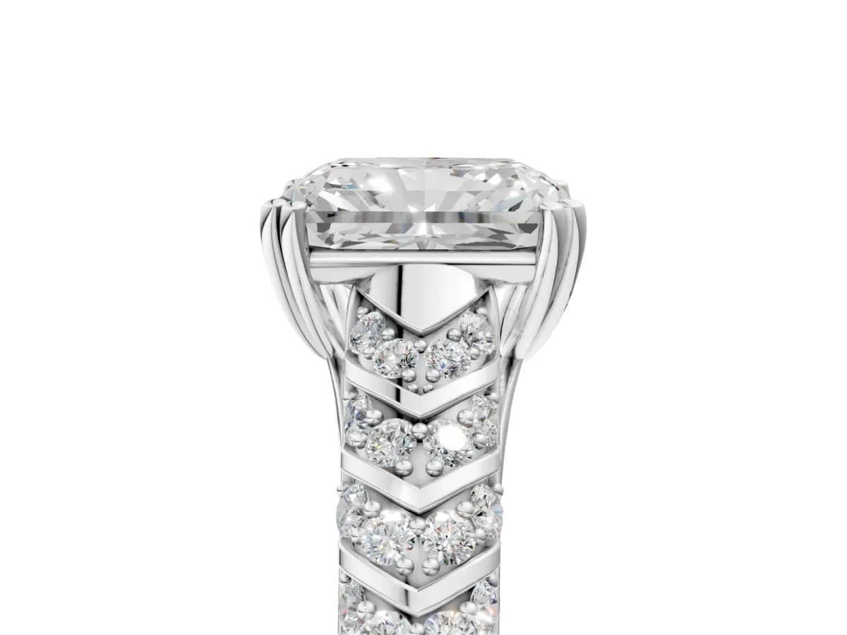 Radiant Cut Solitaire Chevron Pave Diamond Engagement Ring with Six-Prong Setting Platinum