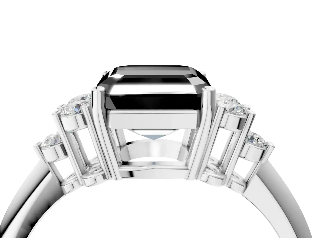 Fancy Black Asscher Cut Cut Diamond Cluster Ring with Solitaire Band and Four-Prong Setting Platinum