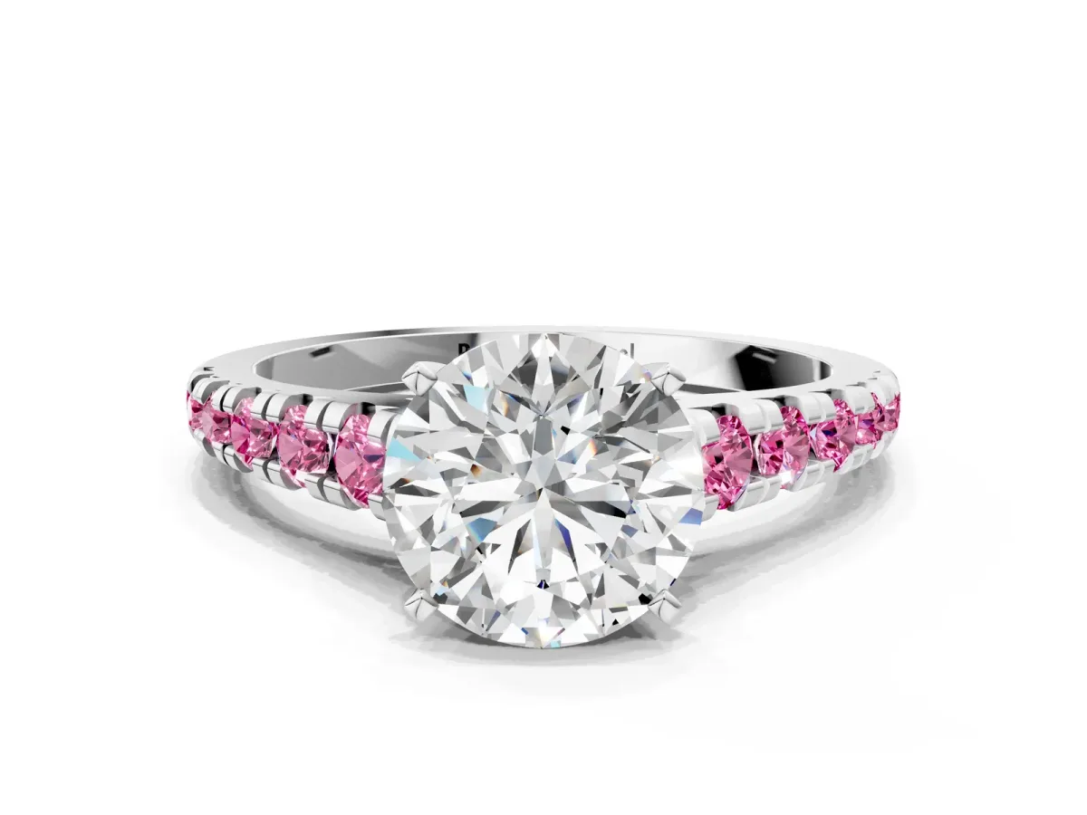 Round Cut Diamond Cathedral Solitaire Ring with Round Pink Sapphire Pavé Band Silver