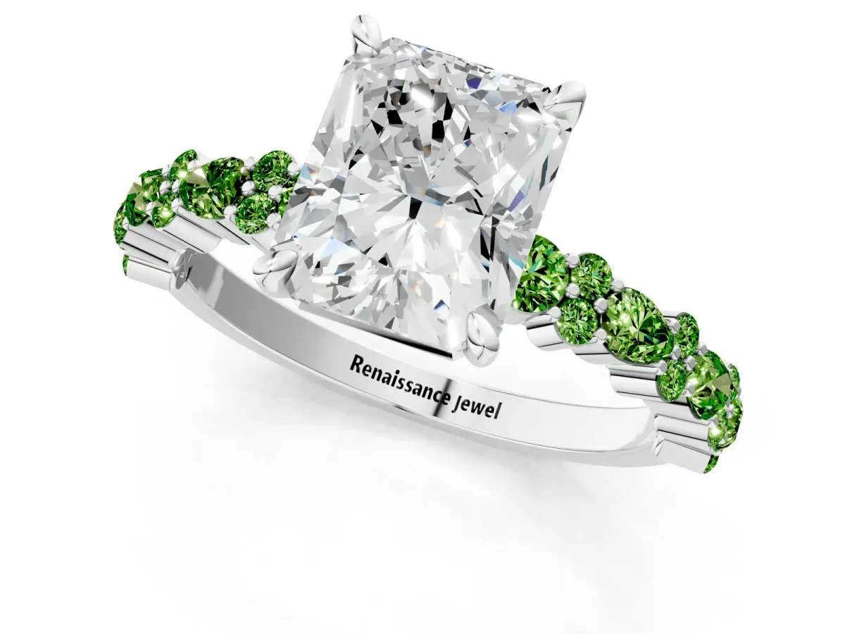 Radiant Cut Diamond Side Stone Solitaire Ring with Round Peridot and Four-Prong Setting Platinum