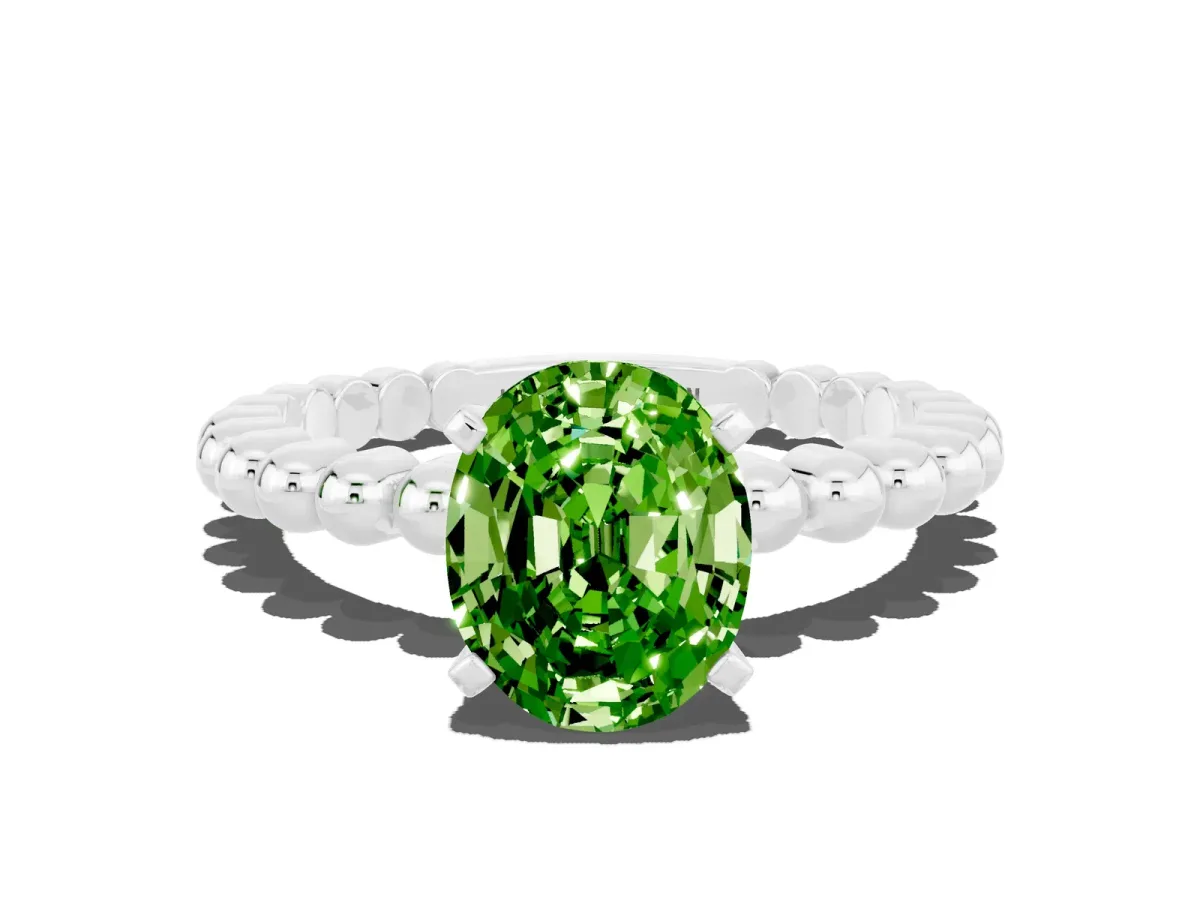 Oval Cut Peridot Solitaire Ring with Beaded Band and Prong Setting Platinum