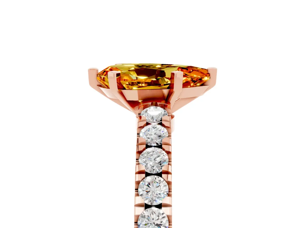 Pear Cut Solitaire Citrine with Pavé Band and Four-Prong Setting Rose gold