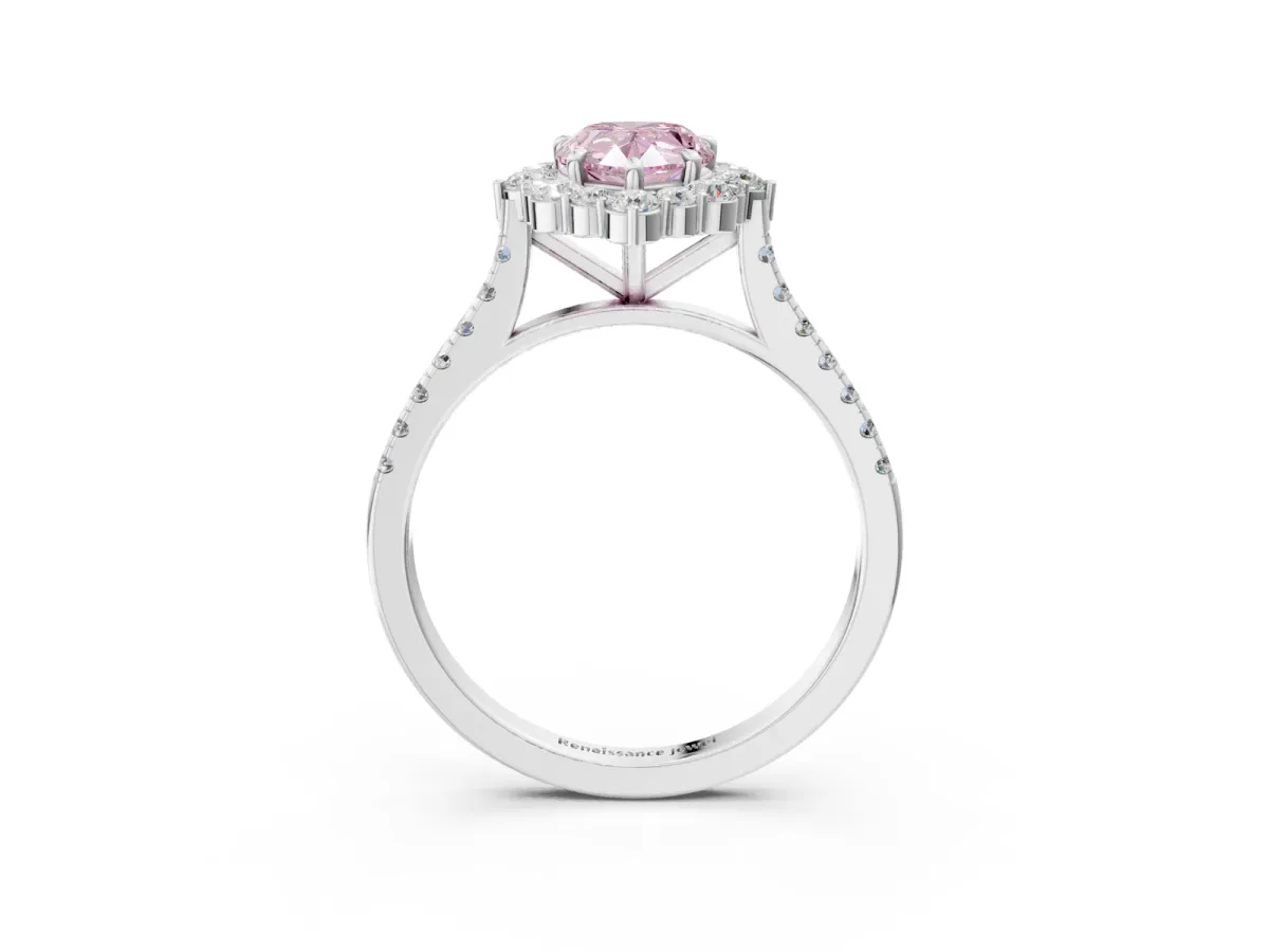 Fancy Pink Pear Cut Halo Diamond Ring with Pavé Band and Prong Setting Silver