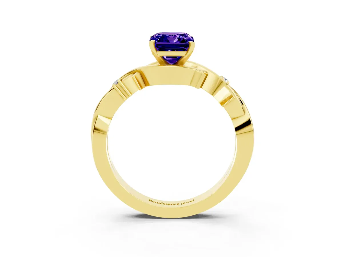 Emerald Cut Tanzanite Solitaire Ring with Twisted Band and Prong Setting Yellow gold