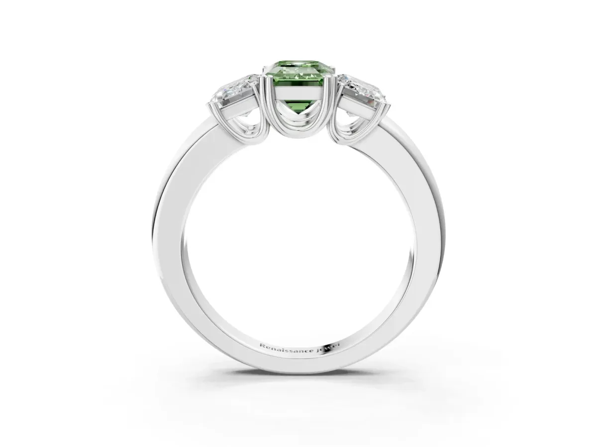 Fancy Green Three-Stone Emerald Cut Cut Diamond Ring with Channel Set Band and Four-Prong Setting Platinum