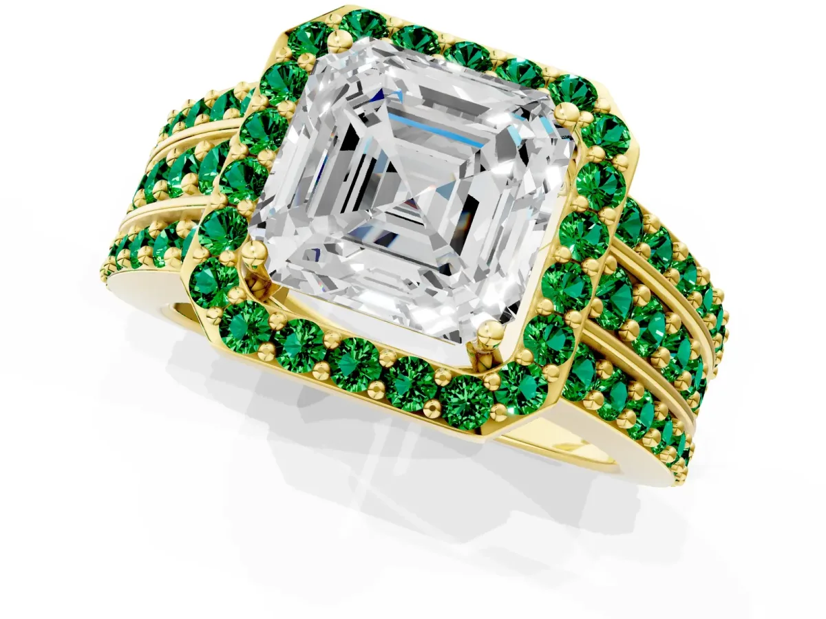 Asscher Cut Halo Diamond Ring with Round Emerald Split Shank and Prong Setting Yellow gold