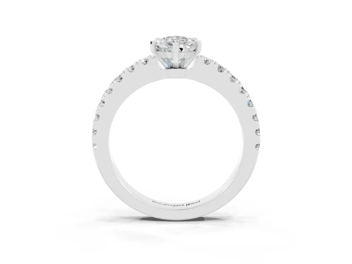 Pear Cut Solitaire Moissanite with Pavé Band and Four-Prong Setting Silver