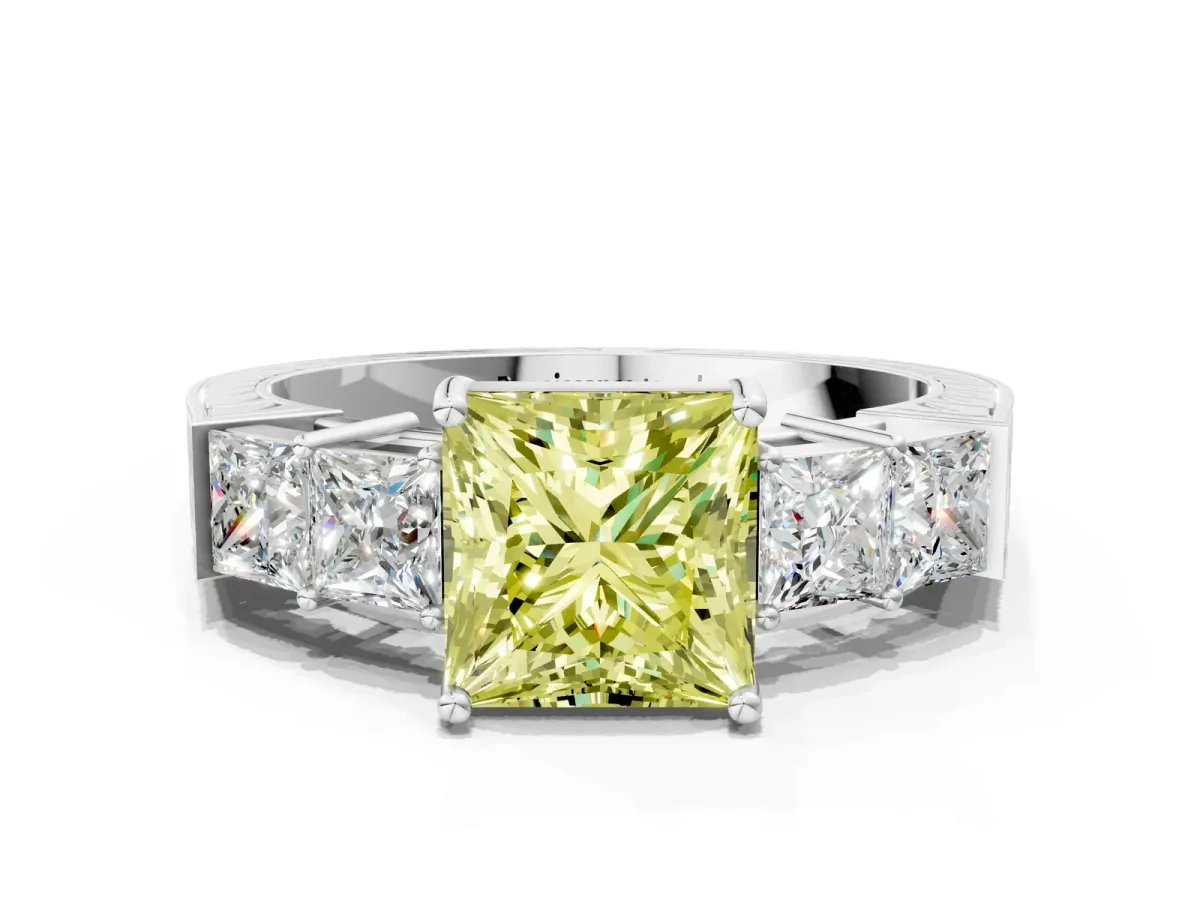 Fancy Yellow Princess Cut Solitaire Princess Side Stone Engraved Band Prong Setting Ring Silver