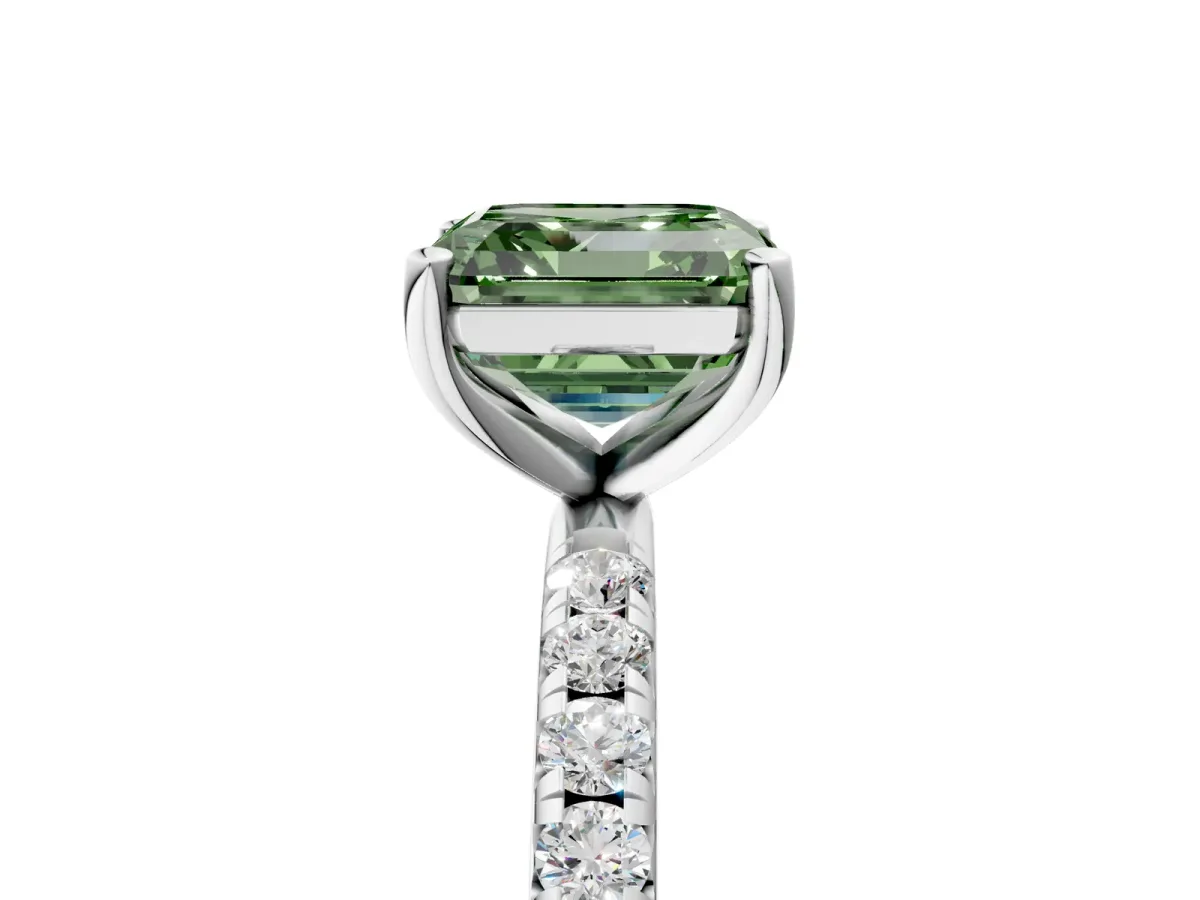 Fancy Green Asscher Cut Cut Diamond Solitaire Ring with Micro Pave Band and Four Prong Setting Platinum