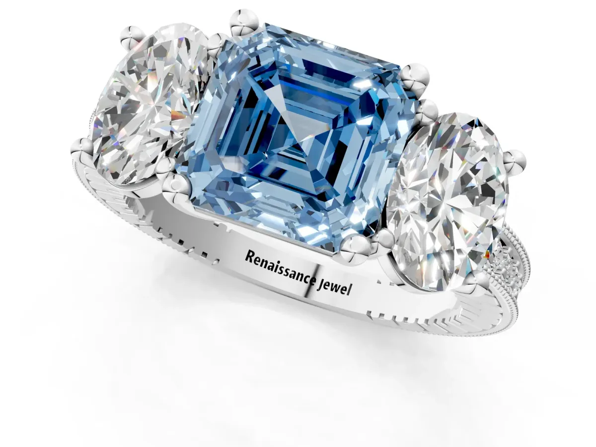 Fancy Blue Three-Stone Asscher Cut Diamond Milgrain Pave Band with Prong Setting Platinum