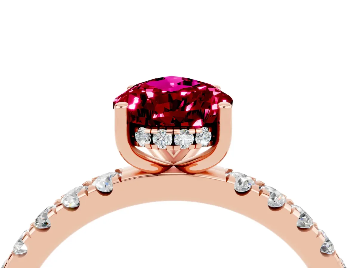 Pear Cut Garnet Pave Band Solitaire Ring with Round and Prong Setting Rose gold