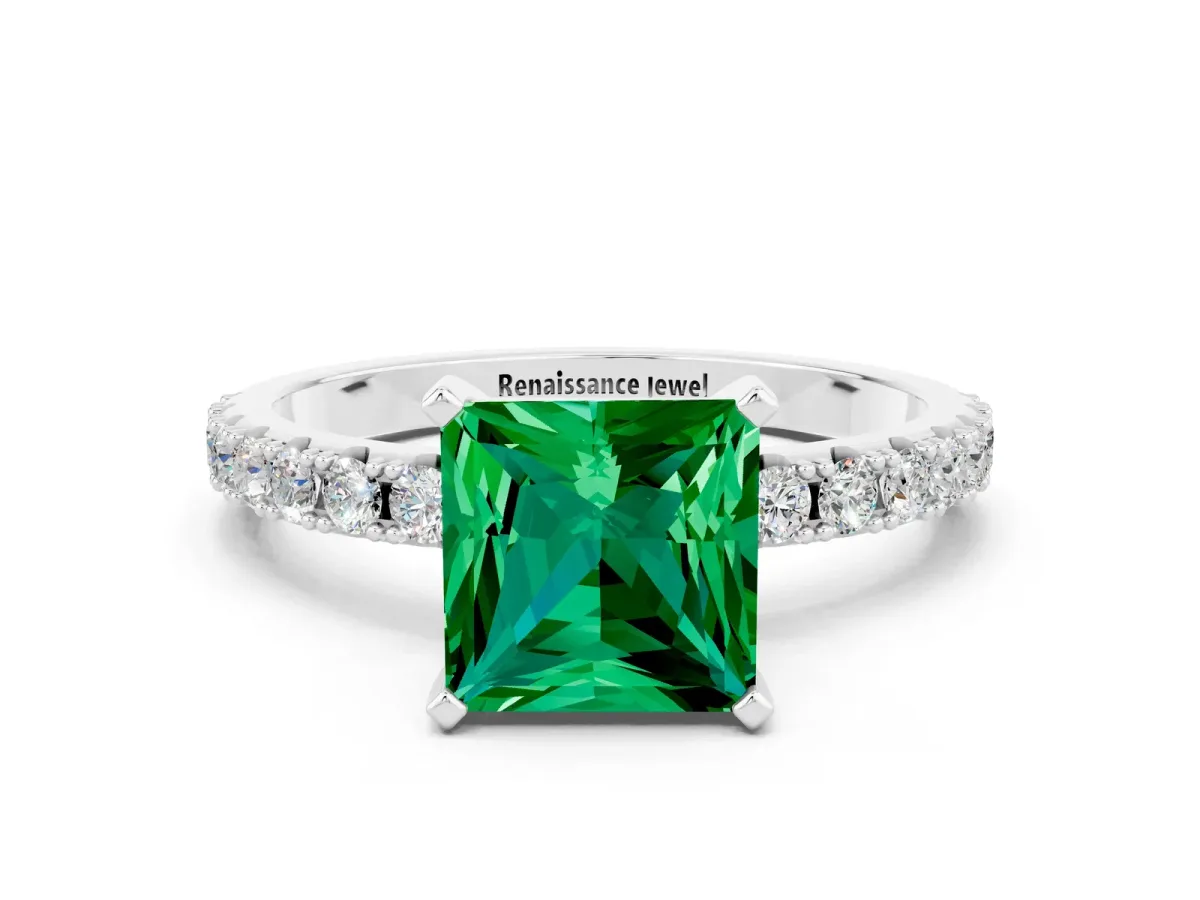 Princess Cut Emerald Solitaire Pavé Band with Four-Prong Setting Platinum
