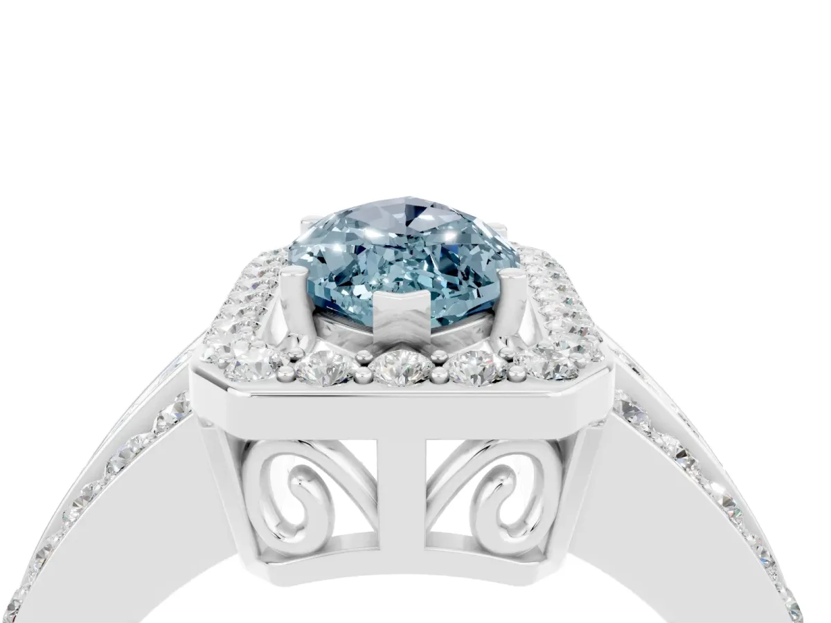 Marquise Cut Halo Aquamarine Ring with Round Split Shank and Prong Setting Silver