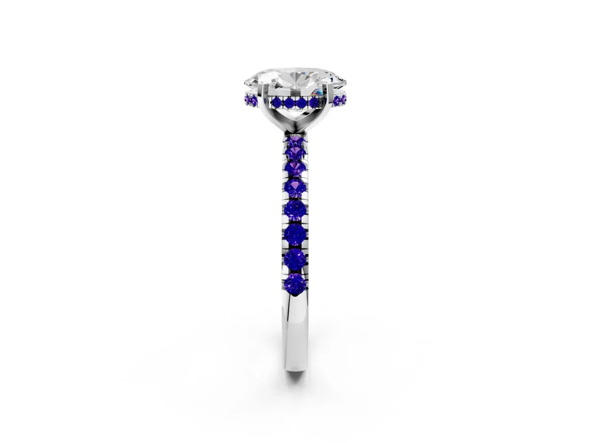Oval Cut Diamond Solitaire Ring with Round Tanzanite Pavé Band and Four-Prong Setting Silver