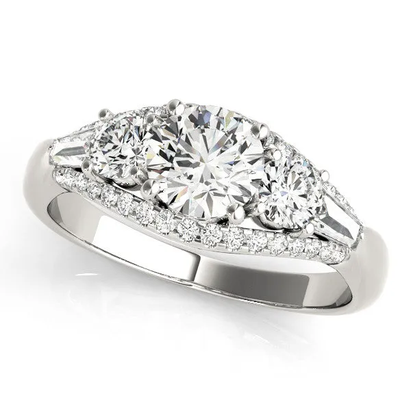 Three-Stone Pear Cut Diamond Engagement Ring with Pave Band and Prong Setting Platinum