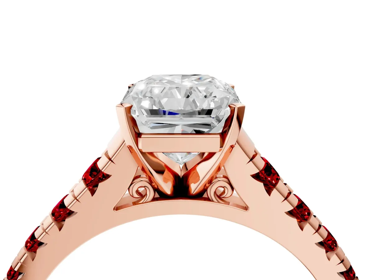 Radiant Cut Diamond Cathedral Solitaire Ring with Round Ruby Pavé Band Rose gold