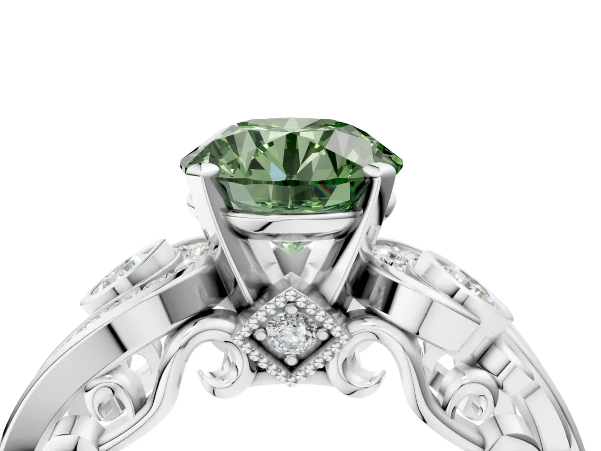 Fancy Green Round Cut Diamond Solitaire Ring with Milgrain Pavé Band and Four-Prong Setting Silver