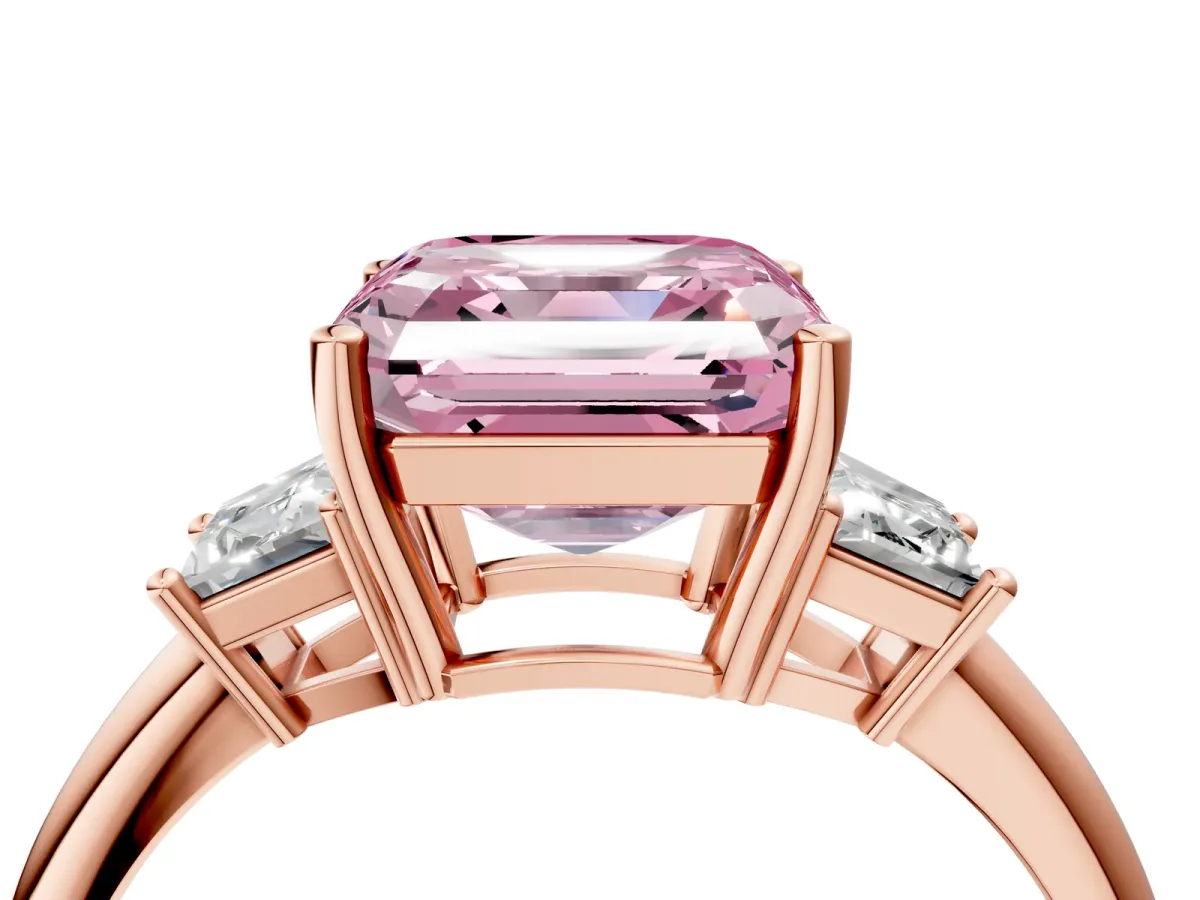 Fancy Pink Asscher Cut Diamond Three-Stone Ring with Trapezoid Side Stones and Prong Setting Rose gold