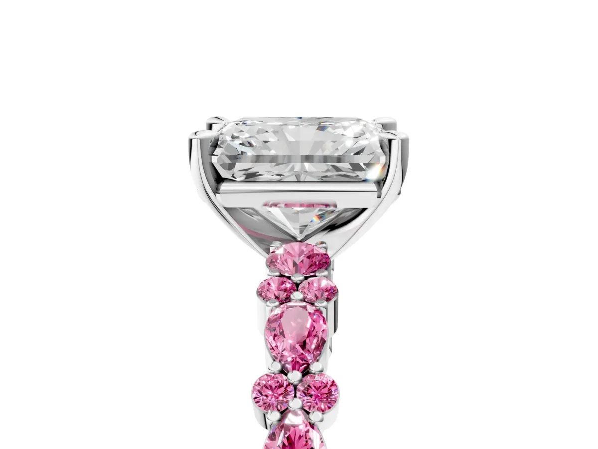 Radiant Cut Diamond Side Stone Solitaire Ring with Round Pink Sapphire and Four-Prong Setting Silver