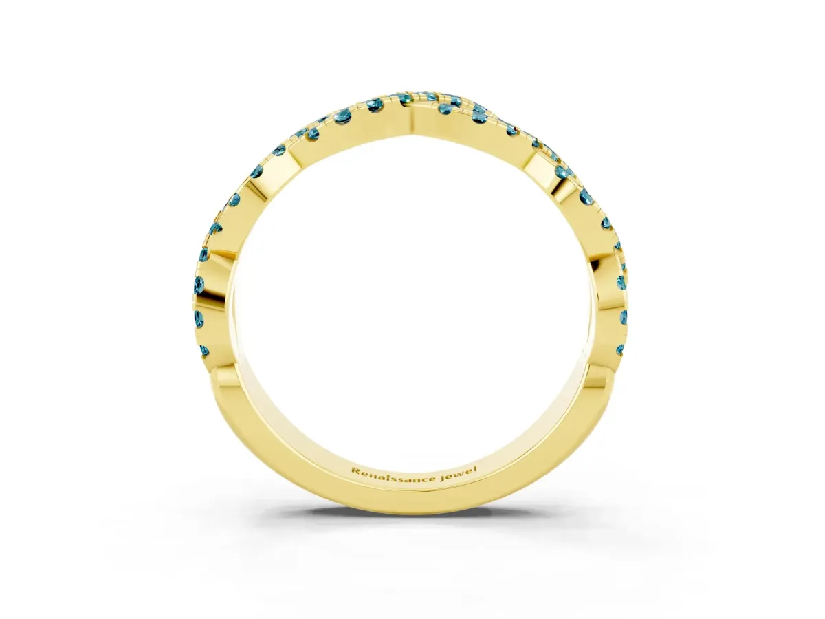 Round Blue Topaz Twisted Eternity Band with Pavé and Shared Prong Setting Yellow gold