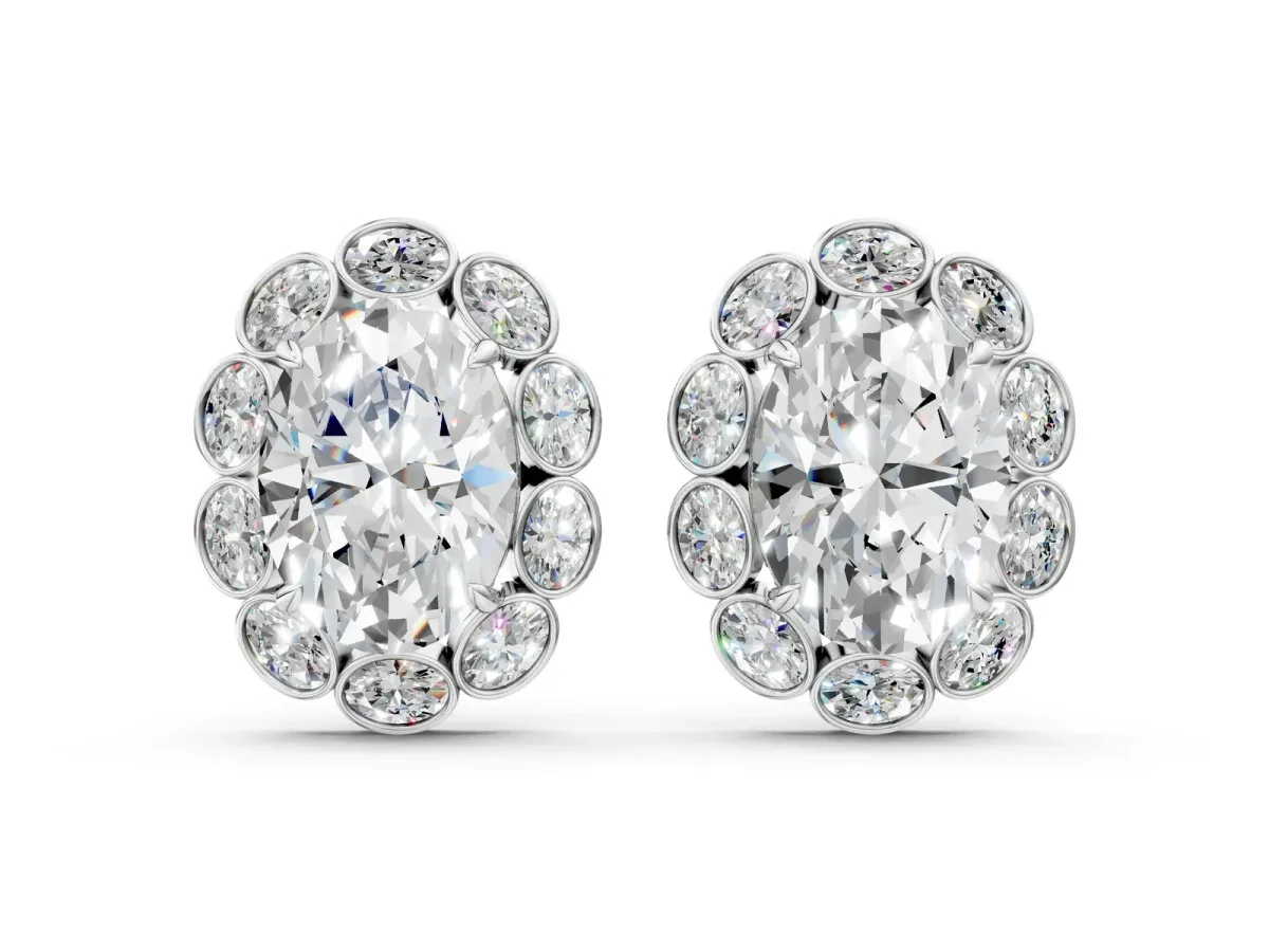 Oval Diamond Halo Stud Earrings with Oval Diamond Accents Silver