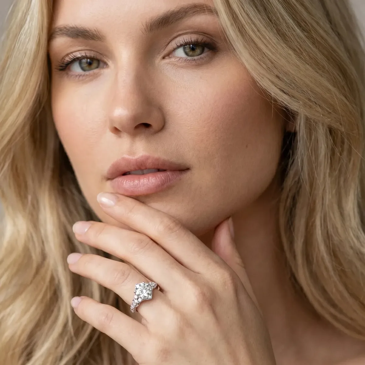 Round Cut Diamond Solitaire Ring with Hidden Halo and Pavé Band Silver