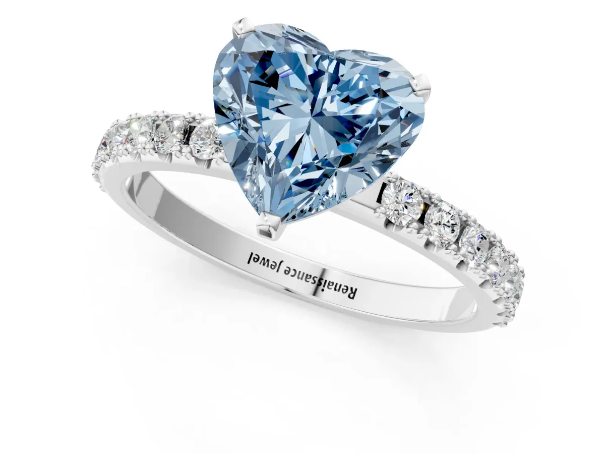 Fancy Blue Heart Cut Diamond Solitaire Pavé Band with Four-Prong Setting Silver