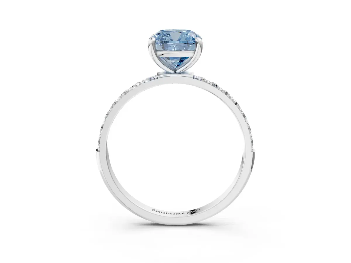Fancy Blue Cushion Cut Diamond Solitaire Ring with Round Pavé Band and Prong Setting Platinum