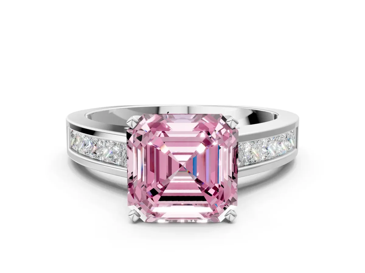 Fancy Pink Asscher Cut Solitaire Diamond Ring with Channel-Set Band and Four-Prong Setting Platinum
