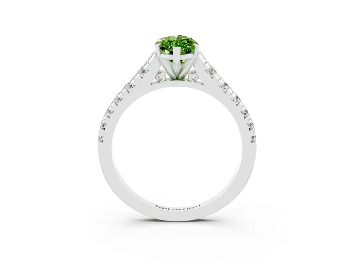 Marquise Cut Peridot Cathedral Solitaire Ring with Round Pavé Band Silver