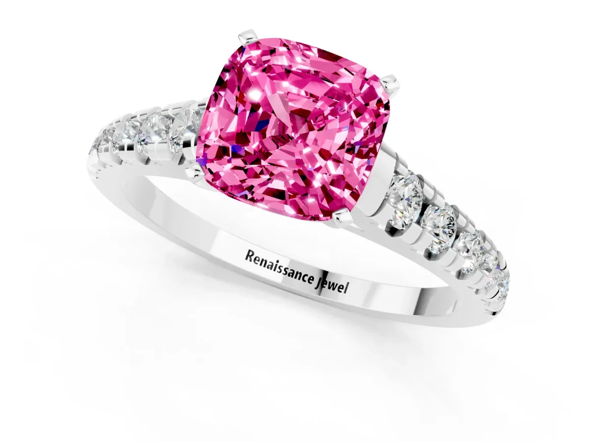 Cushion Cut Pink Sapphire Cathedral Solitaire Ring with Round Pavé Band Silver