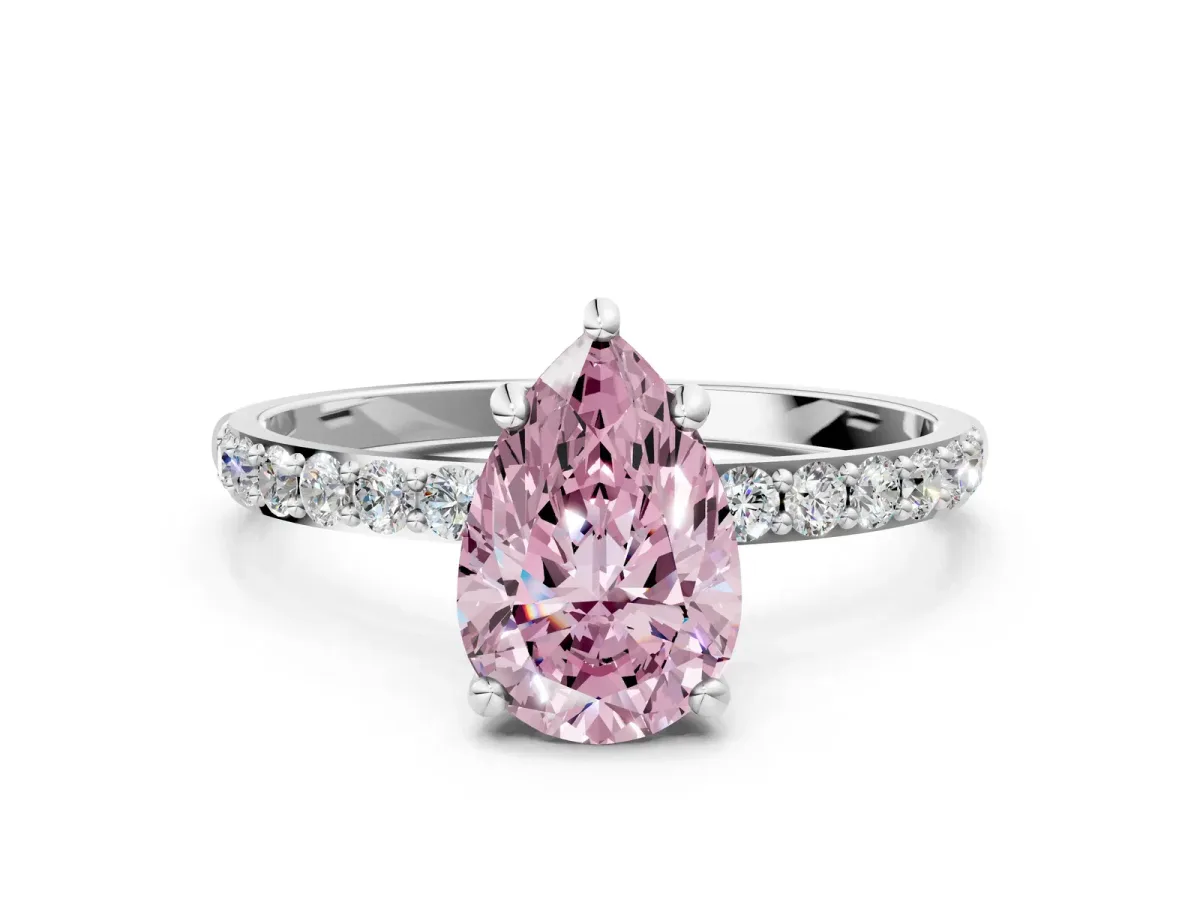 Fancy Pink Pear Cut Diamond Solitaire Ring with Round Pavé Band and Prong Setting Silver