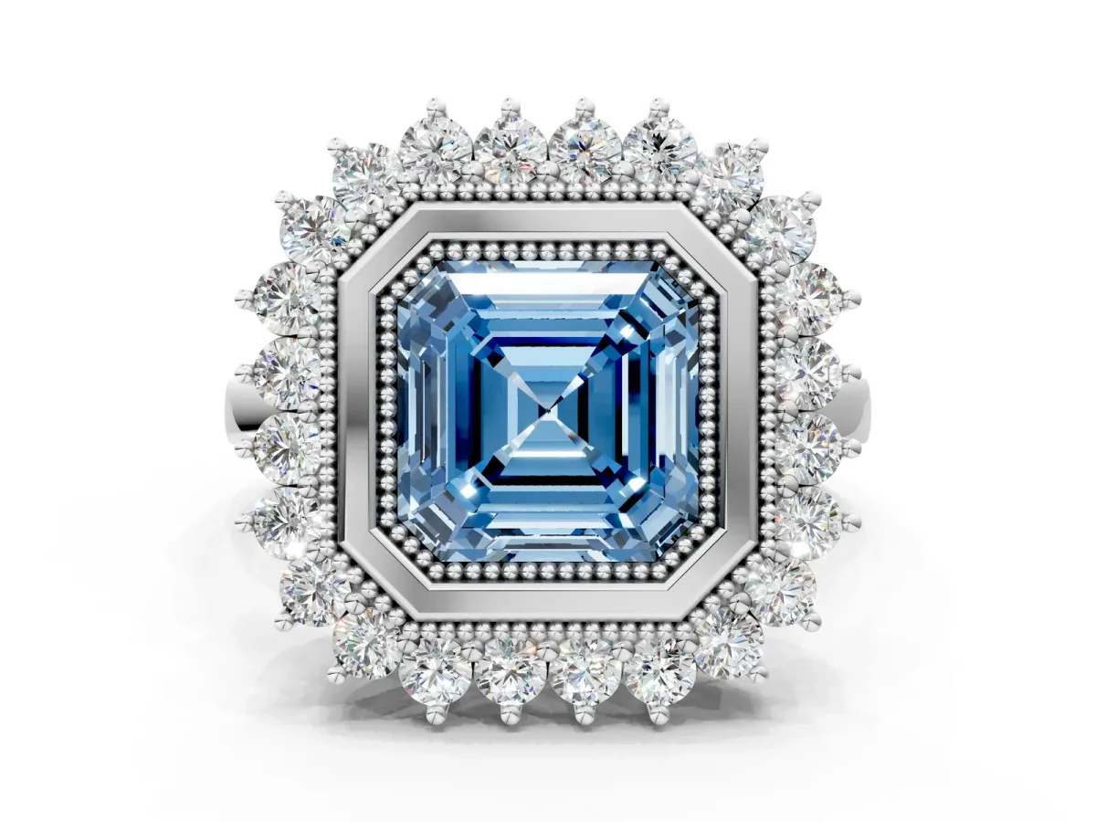 Fancy Blue Asscher Cut Halo Diamond Ring with Milgrain Edge and Round Prong Setting Platinum