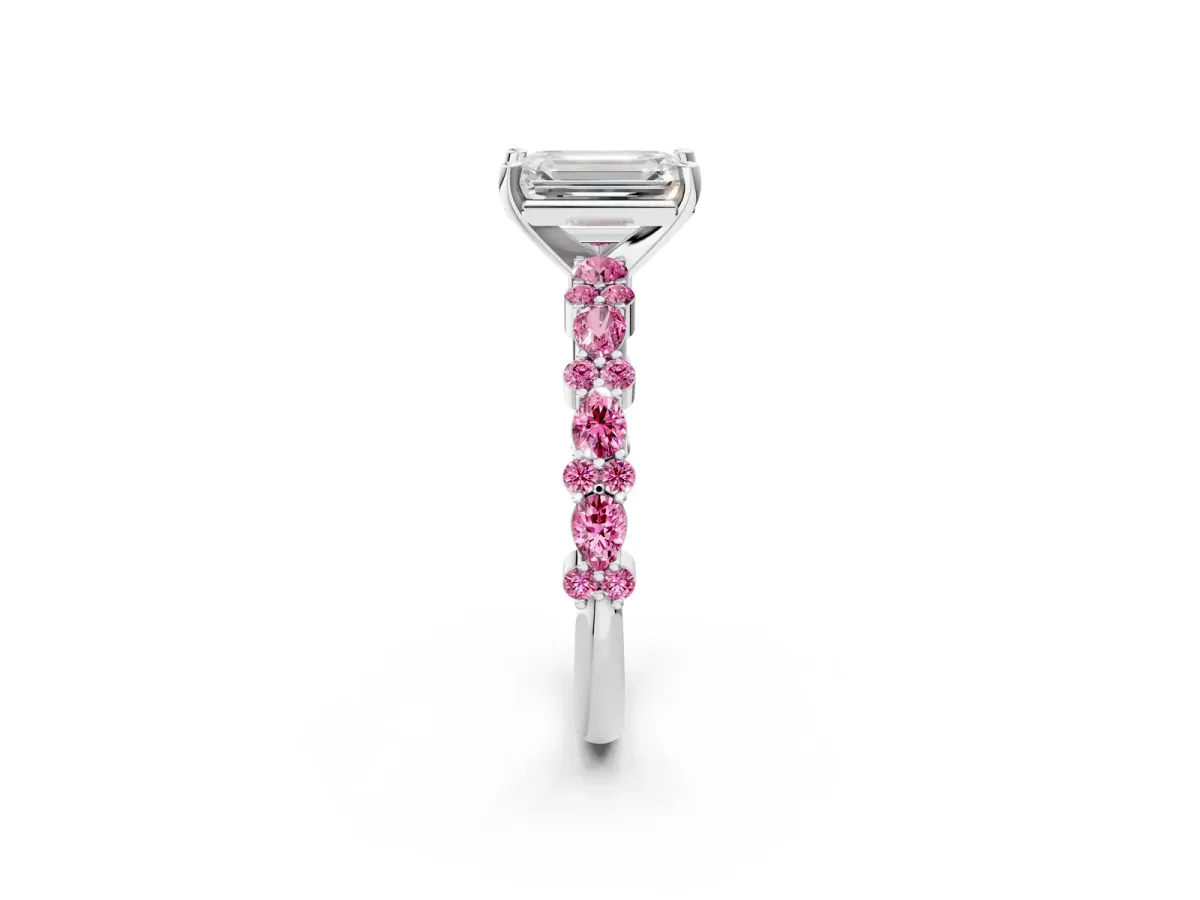 Emerald Cut Diamond Side Stone Solitaire Ring with Round Pink Sapphire and Four-Prong Setting Platinum